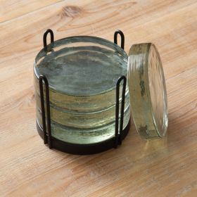 Stylish Set of Four Blocked Glass Coasters & Caddy - Perfect for Home Decor and Entertaining