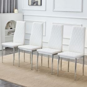 Grid armless high backrest dining chair, 4-piece set of silver metal legs white chair, office chair. Suitable for restaurants, living rooms, kitchens