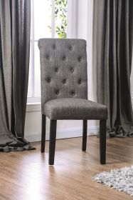 Classic Antique Black / Gray Set of 2 Side Chairs Button Tufted Linen Like Fabric Solid wood Chair Upholstered Scroll Back Kitchen Rustic Dining Room