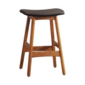 Solid Wood Walnut Finish Counter Height Stools Set of 2 Dark Brown Faux Leather Seat Mid-Century Modern Barstools Kitchen Dining Furniture