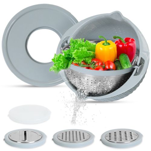 Multifunctional Mixing Bowl with Lid Set 3 Replaceable Graters Food Strainer and Colander Fruit Vegetable Washing Basket Stainless Steel Multifunctional Mixing Bowl with Lid Set 3 Replaceable Graters Food Strainer and Colander Fruit Vegetable Washing Basket Stainless Steel