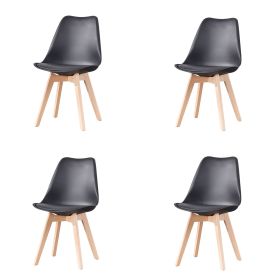 Mid Century Modern Dining Chairs, with Wood Legs, Armless Kitchen Chairs, Shell Lounge Plastic Side Chair with Soft Padded Kitchen, Dining Room (Quantity: 4, Color: Black)