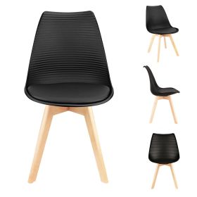 Mid Century Modern Dining Chairs, with Wood Legs, Armless Kitchen Chairs, Shell Lounge Plastic Side Chair with Soft Padded Kitchen, Dining Room (Quantity: 4, Color: Black-hw)